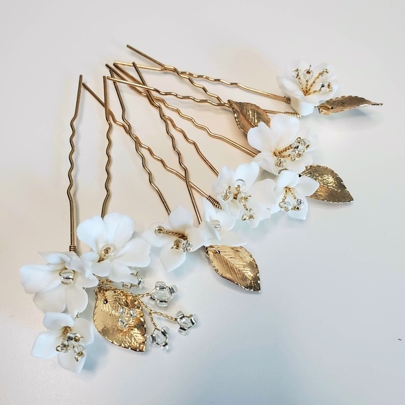 Set of 5 Ceramic Floral Pin Flower girl Garden Bride handmade Headpiece maid of - Picture 1 of 2